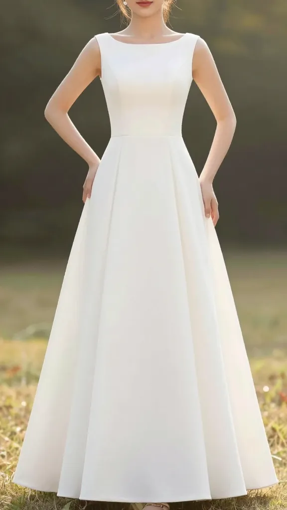 Pear-shaped figure wearing a boat-neck A-line gown, outdoors in soft morning light, balanced hip-width with gentle flare, no lace, simple jewelry, natural background blur.