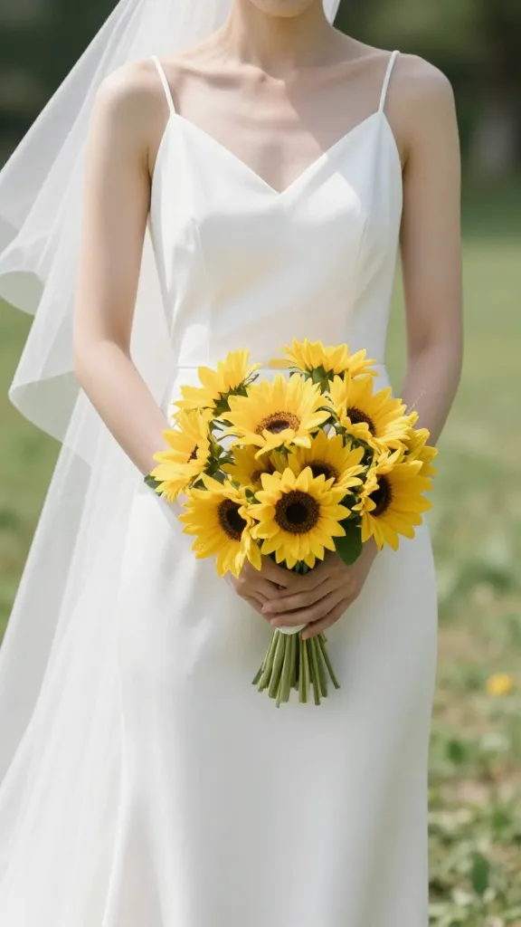 A minimalist white bridal look in a slip dress paired with bold, statement bouquet, photographed in bright outdoor daylight with soft breeze moving the fabric, no lace, no veil, emphasis on contrast between dress and greenery.