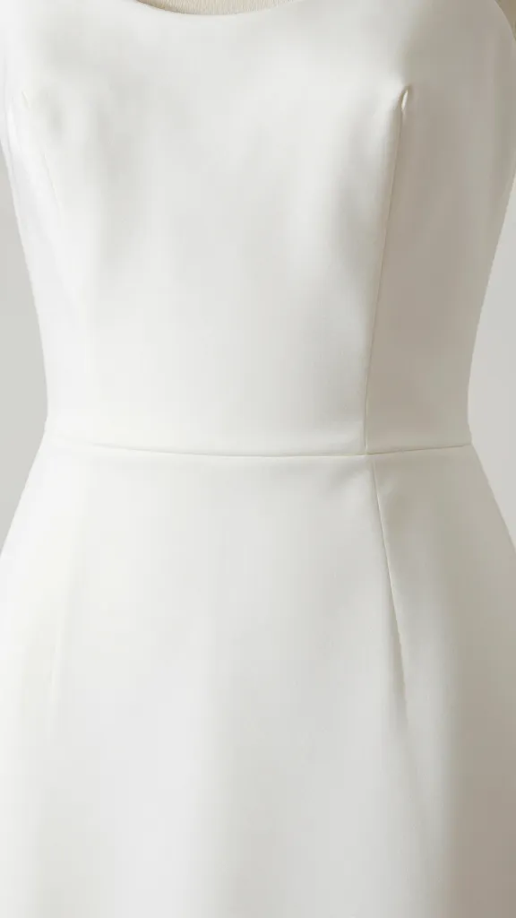 Close-up on fabric and silhouette: circular neckline, smooth satin or crepe texture of a simple white wedding dress, captured under soft studio lighting to highlight clean lines and lack of texture, no lace, no jewelry, no background distractions.