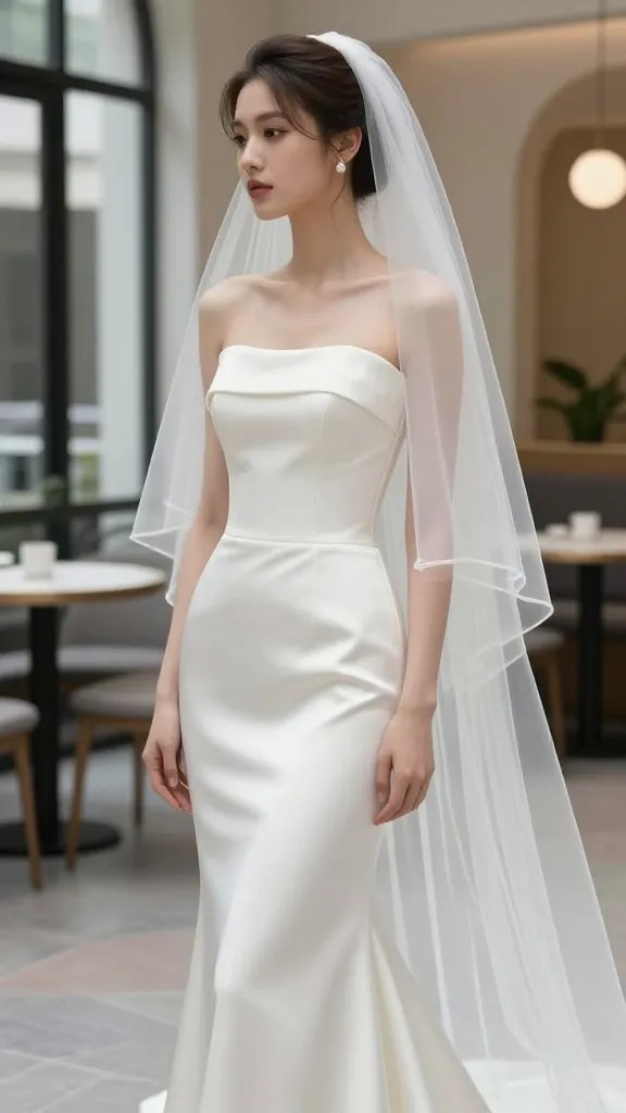 Side view of a bride wearing a sheath/column gown with a sleek silhouette, subtle satin sheen, no visible embellishments, soft cathedral veil, and a modern urban venue in the background.