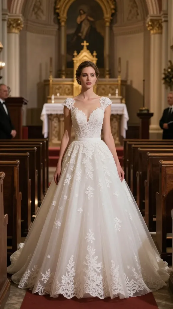 Full-length shot of a ballgown in a classic church aisle, dramatic but tasteful fullness, sheer tulle overlay with tiny lace motifs, a slim waist, and the bride walking gracefully toward the altar.
