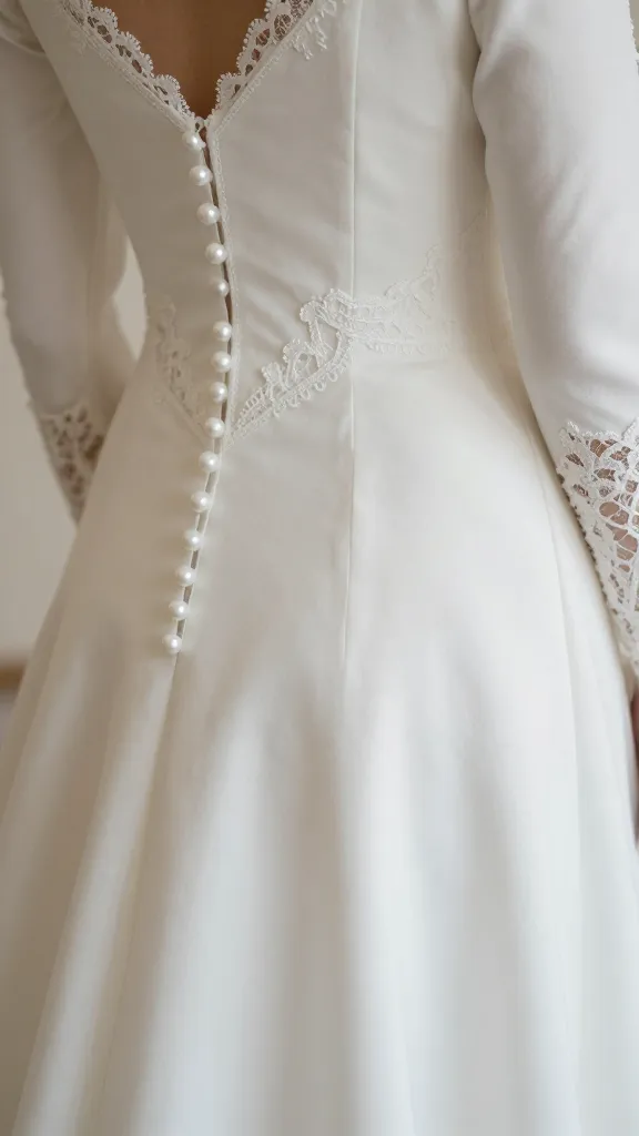 Close-up of fabric details on a traditional wedding dress: fine lace edging along the neckline and sleeves, tiny pearl buttons running down the back, and soft crepe or satin fabric with minimal sheen.