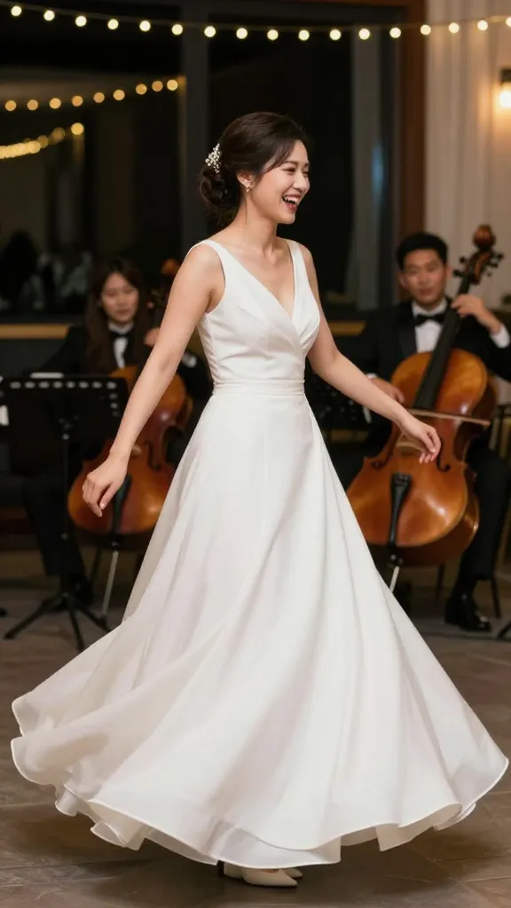 A candid moment of a bride dancing at a reception in a simple wedding dress, aisle-friendly skirt swishing as she laughs, with a string quartet in the background and soft string lights.