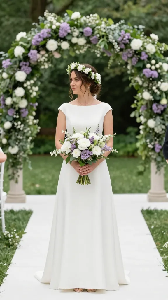 Outdoor garden ceremony: bride in a timeless simple dress with an A-line silhouette, floral crown or understated hair accessory, lilac and white blooms, and a crisp, clean pathway lined with greenery.