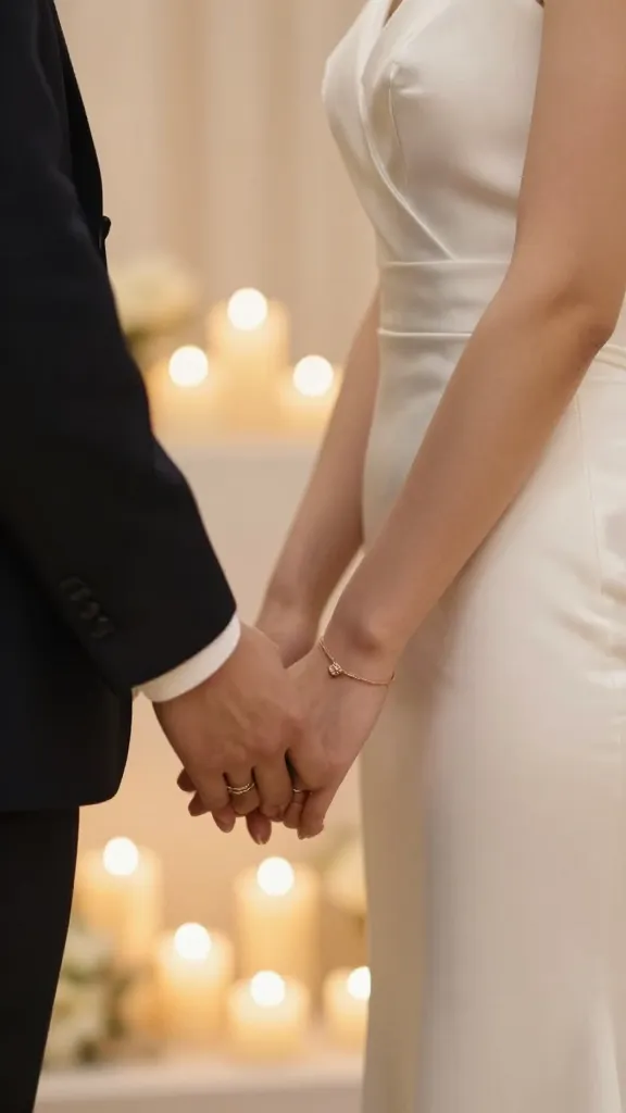Intimate vows moment: bride in a sleek sheath gown, hands joining with groom, no heavy accessories, a single delicate bracelet, and a close-up of their intertwined hands against a softly blurred candlelit backdrop.