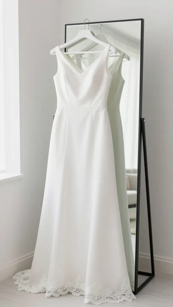 After-wedding portrait: the dress displayed on a minimalist freestanding mirror in a bright room, showcasing the dress’s clean lines, lace whisper at the hem, and the bride’s reflection with a content, radiant smile.