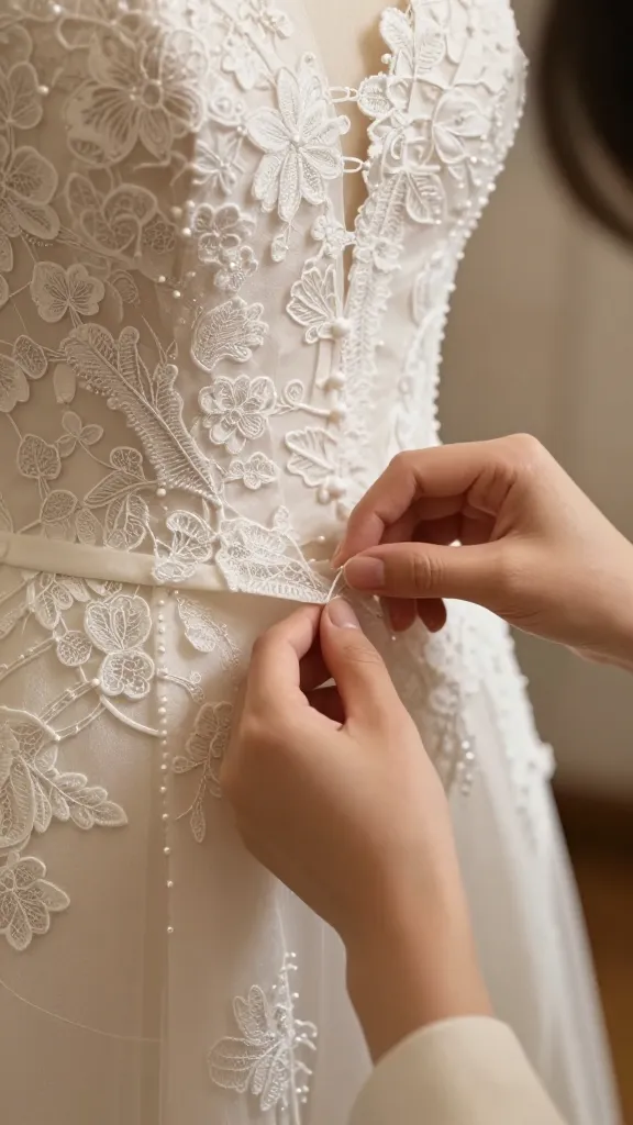 A close-up scene of a luxury wedding dress being hand-stitched, focusing on delicate French lace, tiny satin stitches, and a seamstress’s skilled fingers working under warm studio lighting.