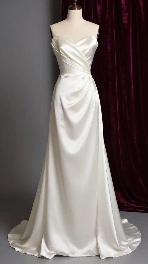 An opulent ballgown silhouette in silk peau de soie, with a dramatic drape and soft glow, displayed on a dress form with subtle jewelry and velvet drapery in the background.