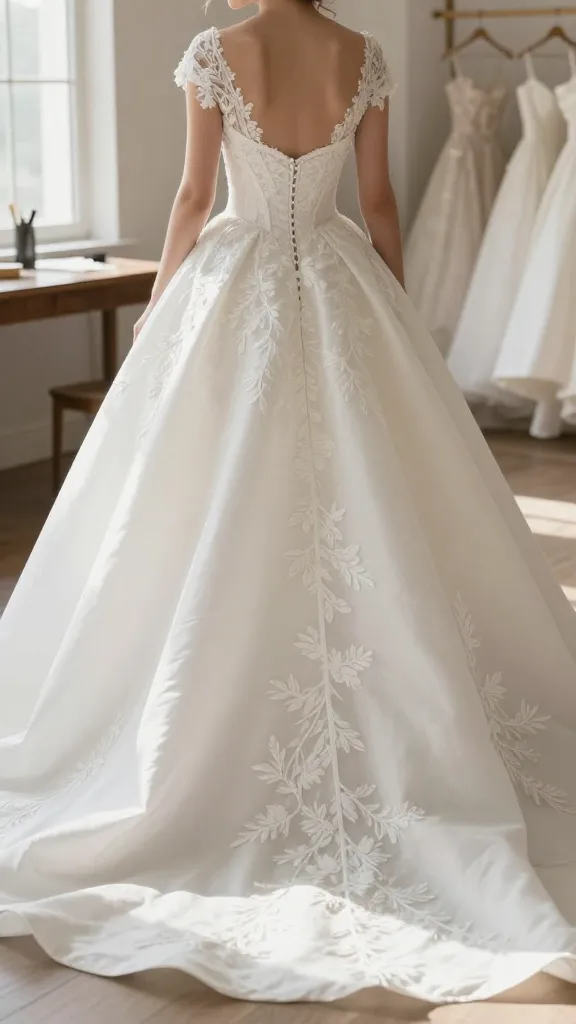 A bride-to-be in a premium, over-the-top gown with invisible boning and seamless embroidery, shot in a sunlit atelier, highlighting the texture of the fabric and the flawless lining.