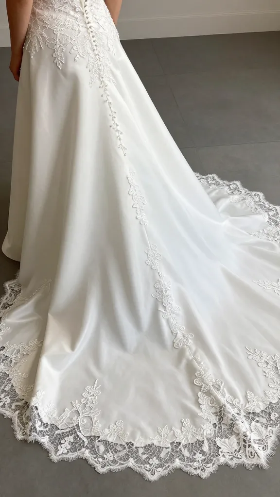 A couture wedding dress featuring raw-cut French lace accents and award-winning silk fabric, photographed from above to emphasize the dress’s flowing train and intricate edge details.