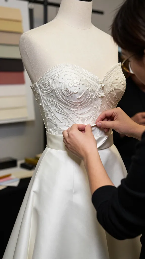 An intimate backstage moment: a designer adjusting the bodice of a luxurious gown, showcasing hand-stitched embroidery, delicate beads, and a silk satin belt against a backdrop of fabric swatches.