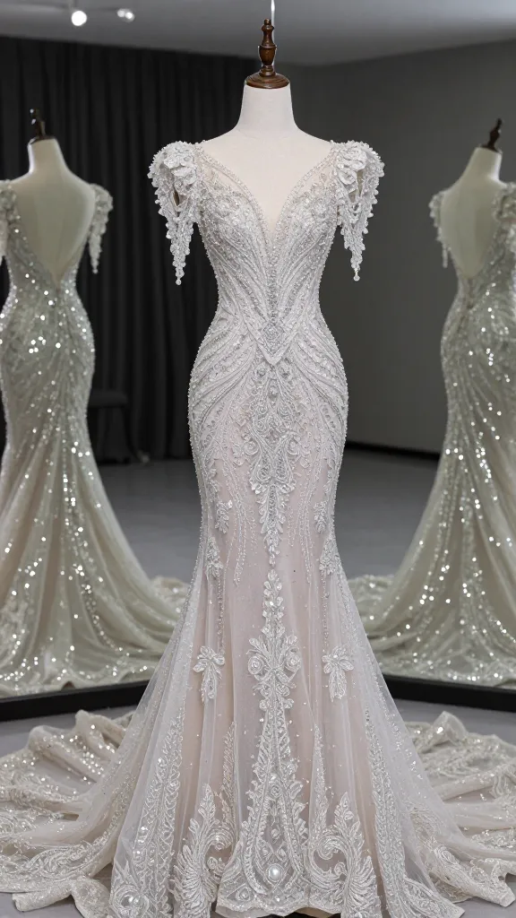 A dramatic, glittering option with heavy beading and opulent embroidery on a princess-cut gown, styled against a mirrored wall, capturing reflections and the gown’s luminous texture.