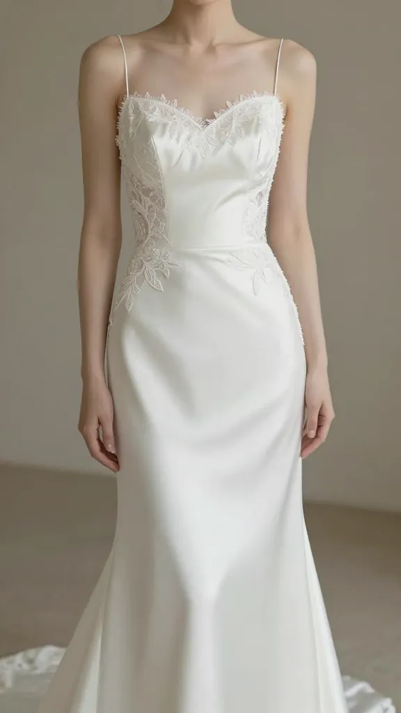 A refined, whisper-quiet wedding dress with minimal silhouette but ultra-luxurious fabric (silk peau de soie) and subtle, elegant lace appliqués, photographed in a soft-focused, dreamlike setting.