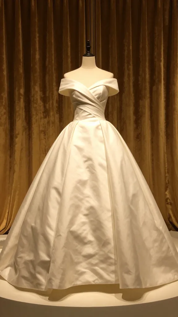 A couture gown displayed on a plinth, photographed at a low angle to emphasize the gown’s volume, with a backdrop of velvet curtains and warm, golden lighting to convey opulence and craftsmanship.