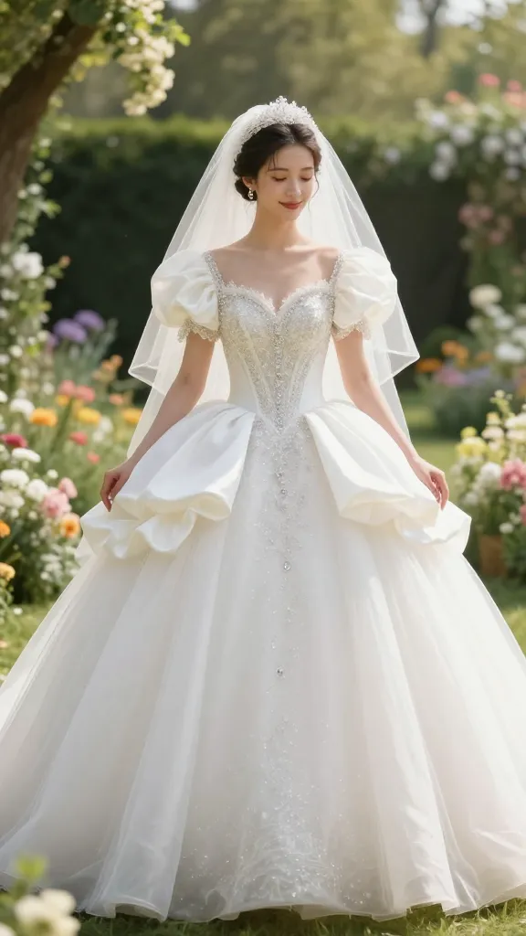A bridal portrait in a sunlit garden, featuring a bride in a princesscore wedding gown with voluminous puff sleeves, a full satin-and-tine tulle ballgown silhouette, twinkling crystal embellishments, and a delicate cathedral veil, soft-focus background of fairy-tale flowers.