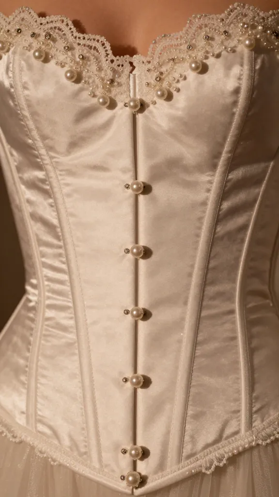 Close-up of intricate bodice details: satin corset with pearl and crystal beading, scalloped lace edging, and subtle shimmer under warm candlelight, no text, macro shot.