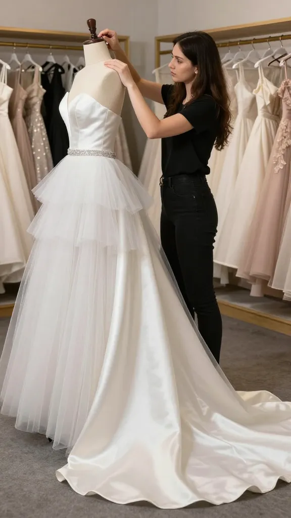 Budget-friendly couture vibe: a seamstress adjusting a gown on a dress form, showcasing a layered tulle skirt and satin train, sparkling belt detail, organized selection of fabrics in the background.