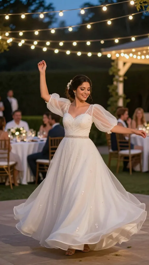 Outdoor garden reception: bride dancing under string lights in a flowy princesscore dress with sheer puff sleeves, a sweetheart neckline, and a shimmering belt, evening twilight glow.