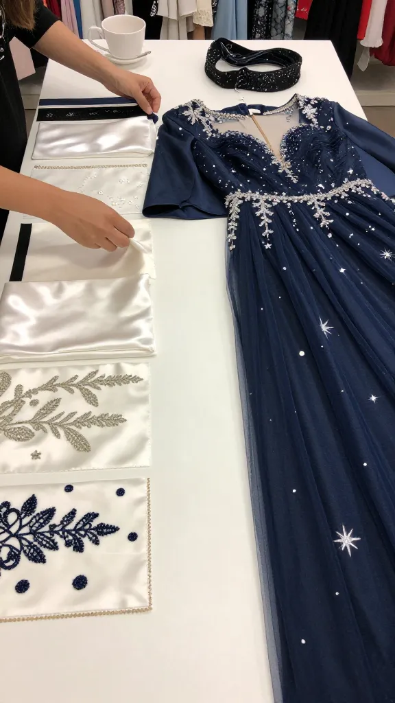 Wardrobe styling scene: shopping table with swatches of satin, tulle, and embroidery patterns, a gown with a detachable cape and celestial embellishments laid out, hands selecting trims.