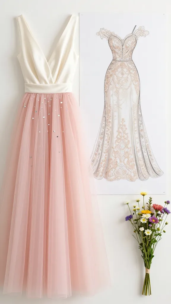 Dreamy color palette shot: palette board featuring ivory satin, blush pink tulle, silver crystals, and champagne lace, with a gown silhouette sketch and a small bouquet of wildflowers.