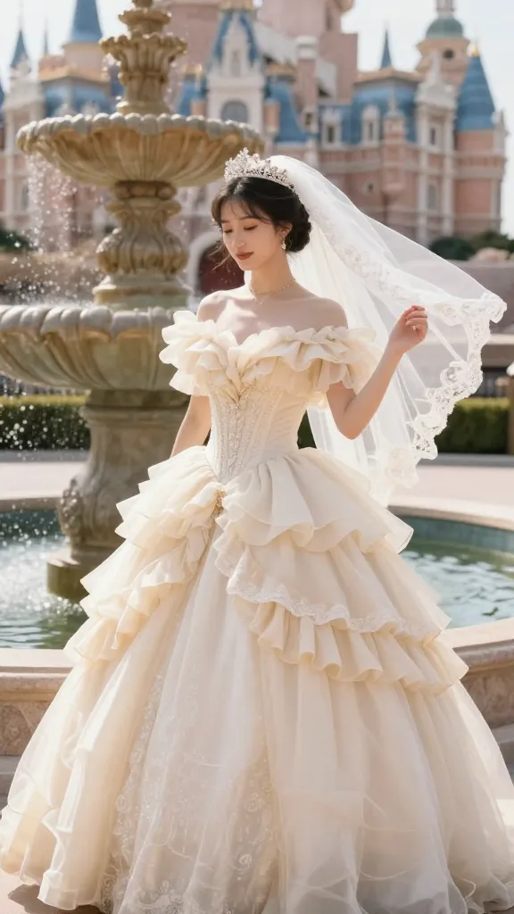 Storybook moment: bride posing by a stone fountain in a princesscore gown with layered ruffled sleeves, a full ballgown skirt, and a sparkling tiara, gentle breeze lifting lace and veil, picturesque castle-like backdrop.