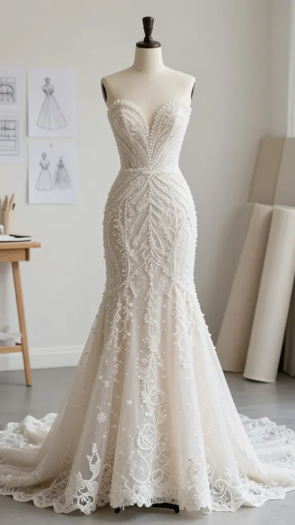 A dramatic couture wedding dress on a mannequin in a high-end atelier, intricate hand-sewn beading catching the light, soft studio lighting, surrounded by sketches and fabric swatches.