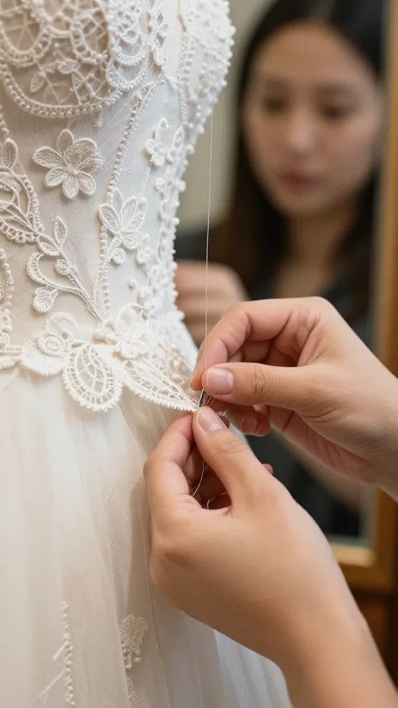 Close-up of a hand finishing a couture gown hem with precision stitching, fine needle and silk thread, delicate lace appliqué, and a seamstress’s focused expression reflected in a mirror.