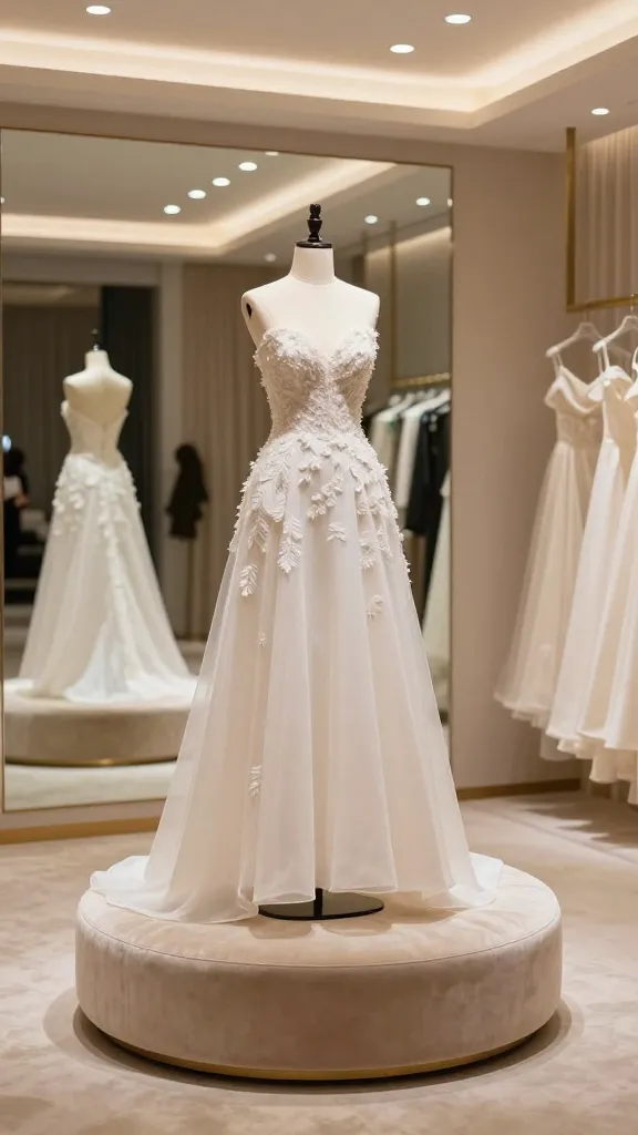 A luxurious bridal dressing room scene featuring a couture gown on a floating dress form, plush seating, and a runway-style mirror with warm ambient lighting, conveying exclusivity.