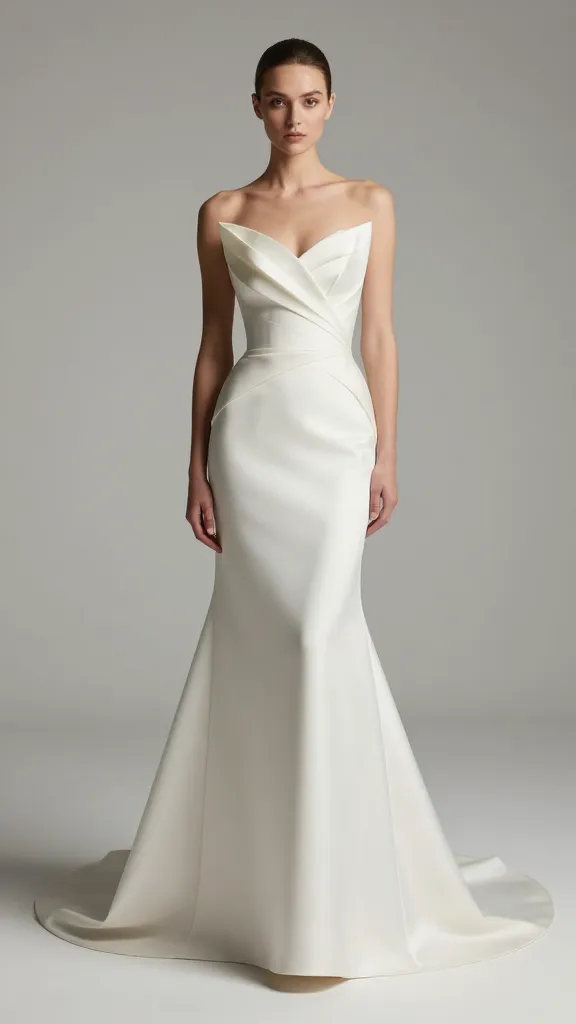 A minimalist fashion editorial shot of a bride wearing a sculptural couture gown with bold silhouette, clean backdrop, and subtle shadows emphasizing the garment’s architecture.