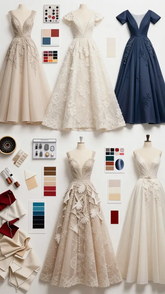 An overhead view of multiple couture gowns laid out in a couture studio, couture beading kits, and fabric swatches scattered around to illustrate craftsmanship and variety.