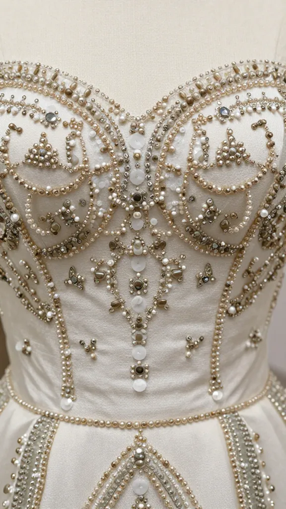 A close-up of beaded embellishments on a dress bodice, each bead and sequin meticulously placed, with a shallow depth of field to highlight texture and craftsmanship.