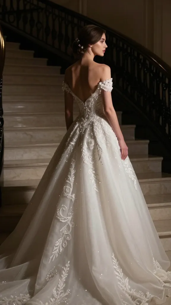A mood-focused editorial shot of a bride in a couture gown standing by a grand staircase, dramatic lighting, couture details visible from the back, and a sense of exclusivity and special moment.