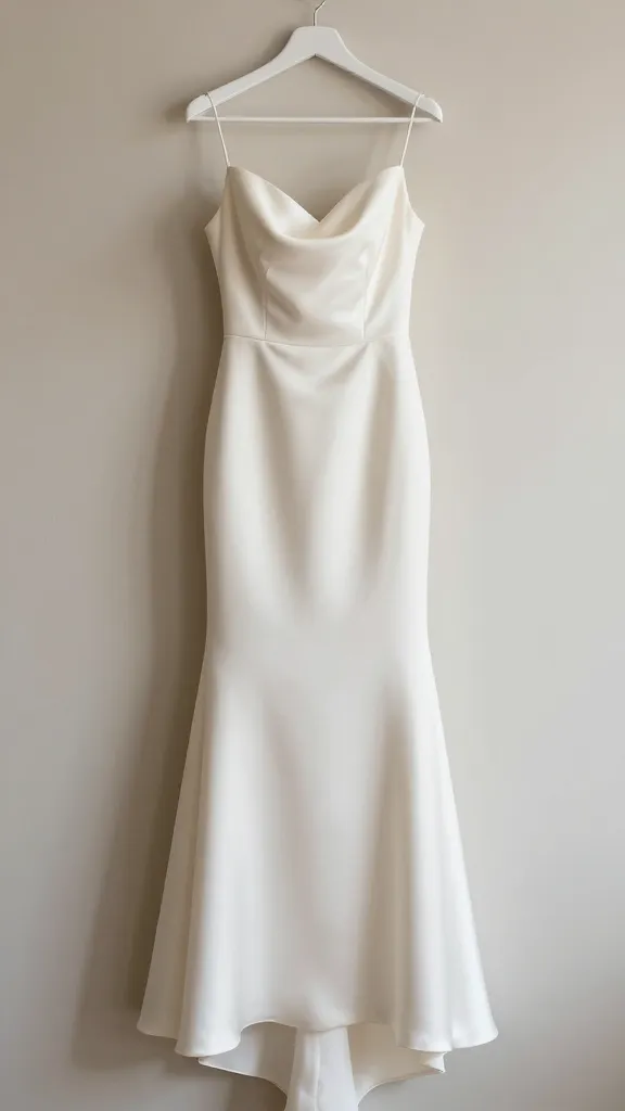 A minimalist wedding dress on a hanging neutral backdrop: sleek satin crepe silhouette with a soft drape, ivory silk sheen, clean lines, no embellishments, natural lighting emphasizing fabric texture.