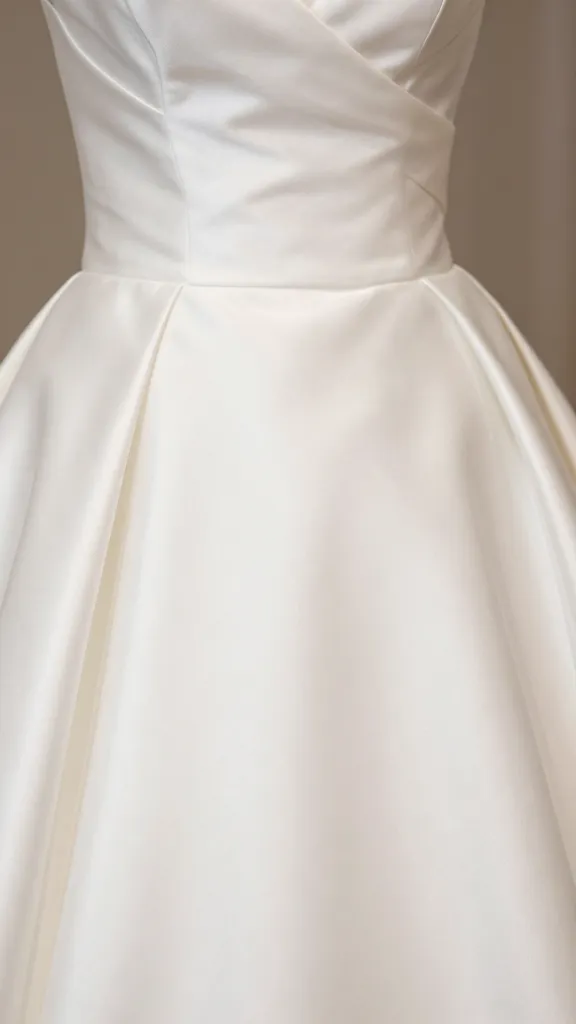 Close-up of a clean girl wedding gown’s fabric: satin with subtle sheen, soft folds, and a precise tailored waist, empty jewelry, focus on fabric grain and light reflection.