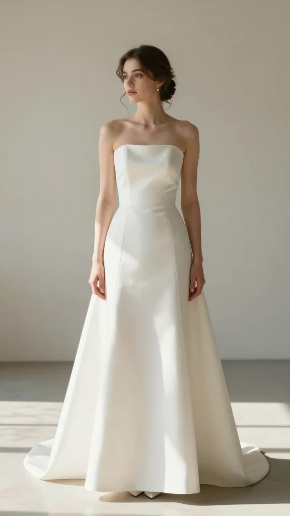 A bride in a streamlined mikado dress with structured silhouette, seamless bodice, and slight A-line skirt, standing in a sunlit minimalist ceremony space with bare walls.