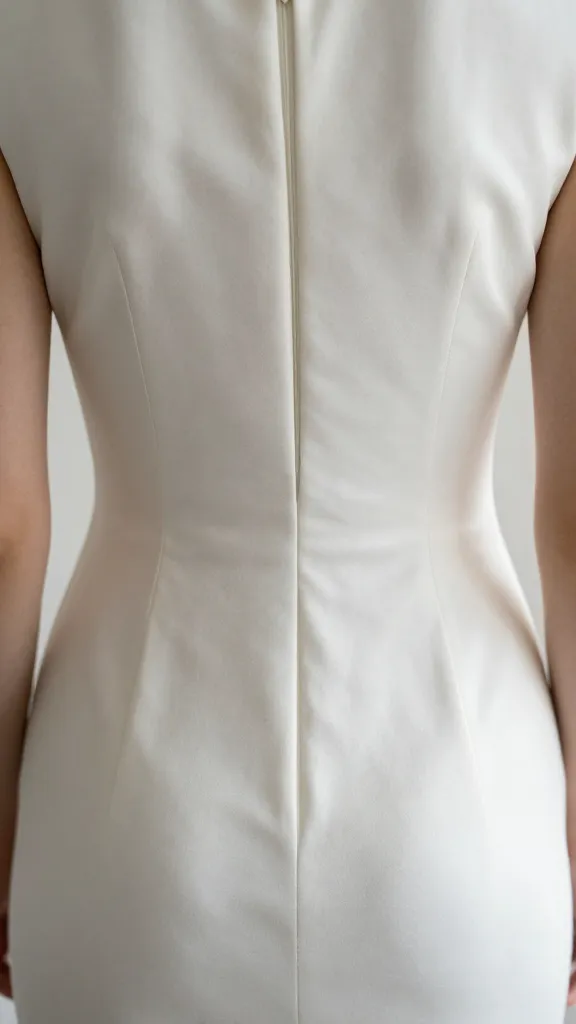 Portrait-style image of the dress’ back: clean line, hidden zipper, minimal seam detail, satin or silk crepe fabric, soft backlight highlighting the fabric’s shine.