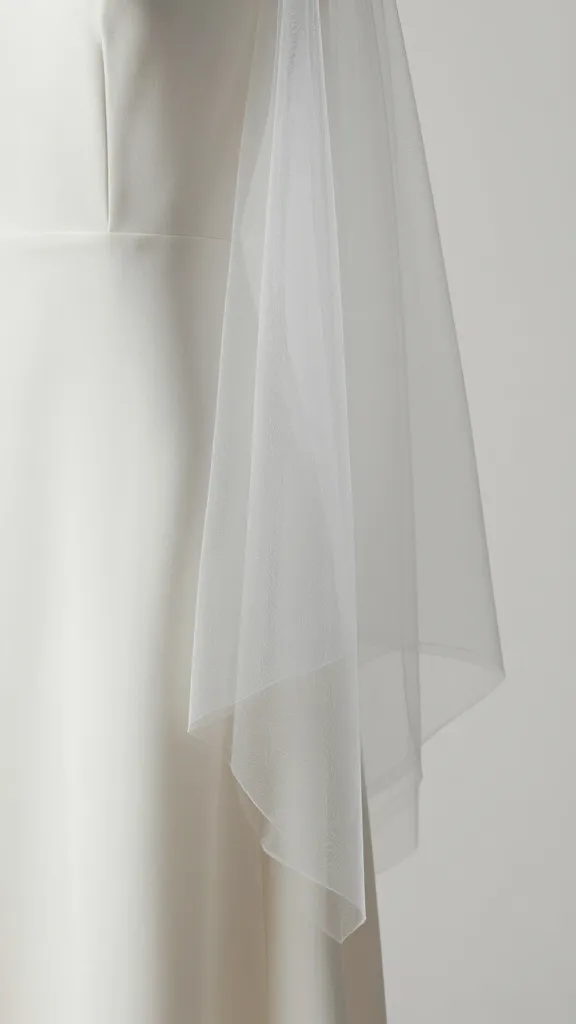 Studio shot of a translucent organza or light tulle accent in a restrained, small-dose detail (e.g., sheer wrap or veil peek) on a clean dress, plain background.