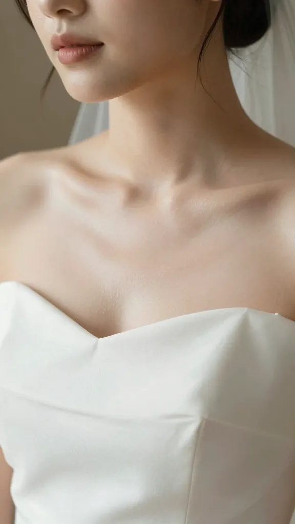 A bridal look focused on natural glow: dress with quiet jewel-free neckline, soft lighting, dewy skin close-up, fabric catching light without distracting accessories.