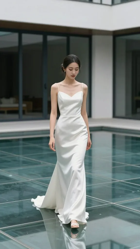 Exterior scene of a bride in a minimal satin gown walking along a glassy, reflective surface (e.g., a modern courtyard pool), pure lines, no jewelry, emphasis on the dress’ silhouette and shine.