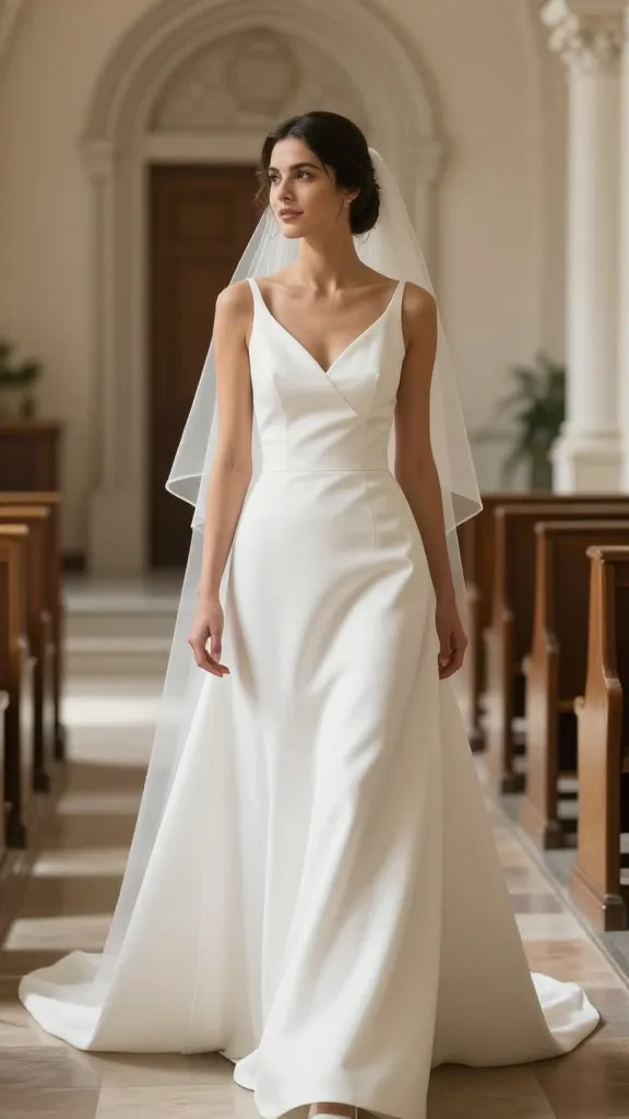 A minimalist A-line wedding dress on a bride standing in a sunlit chapel, clean lines, soft fabric, no embellishments, natural makeup, simple veil, gentle movement as she walks, warm neutral tones.