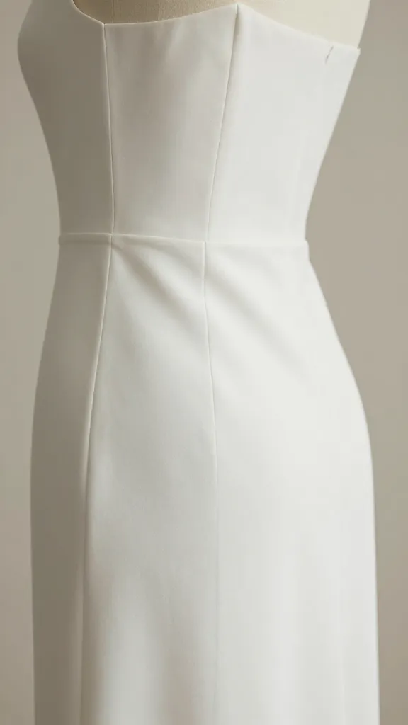 Close-up profile shot of the dress’s waist-skimming silhouette, focusing on the clean seam and fabric drape, soft lighting, no accessories, minimal backdrop.