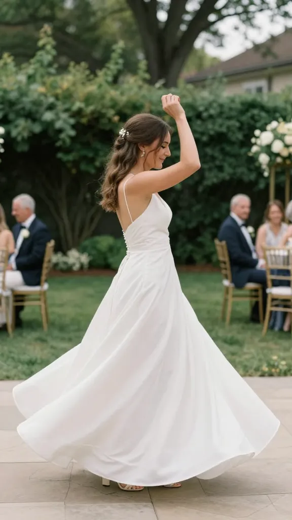 Bride dancing at an outdoor reception in a minimalist A-line gown, dress flowing gracefully with subtle sway, garden backdrop, airy and candid moment, natural daylight.
