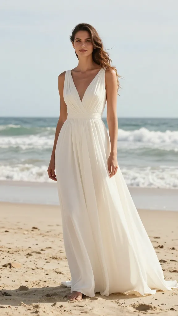 Full-length shot of the gown in a beach wedding setting, light fabric catching breeze, understated neckline, bare feet or simple sandals, horizon line and soft waves in the background.