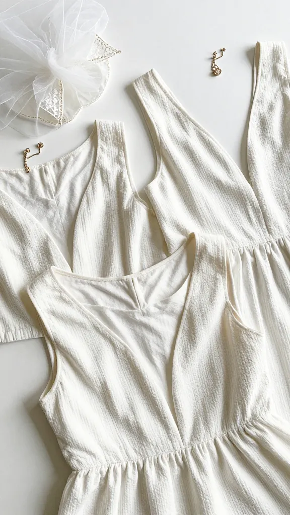 Studio flat lay of the dress’s fabric textures and neckline variations, arranged with a few accessory options (veiled headpiece, delicate earrings) but no text, high-resolution macro details of the material.