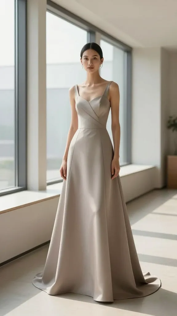A-line gown in a modern venue with clean architectural lines, large windows, minimal decor, the dress highlighted against neutral tones, soft shadows, emphasis on timeless elegance.