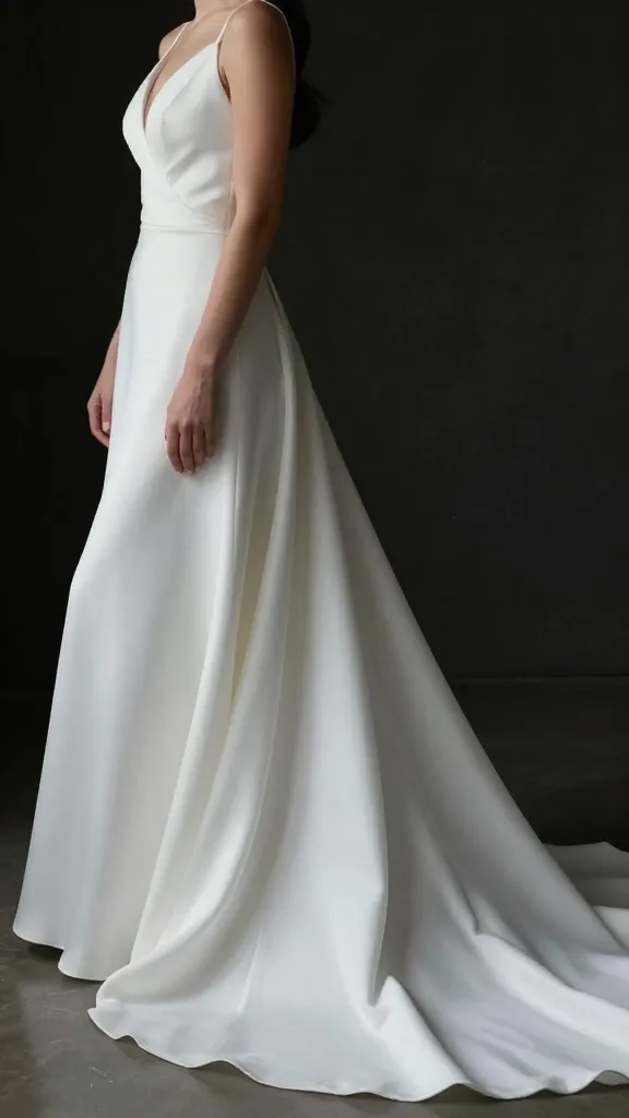 Bride wearing the minimalist A-line with a detachable train option, showing transition from ceremony to reception, dramatic yet understated change, seamless fabric flow.