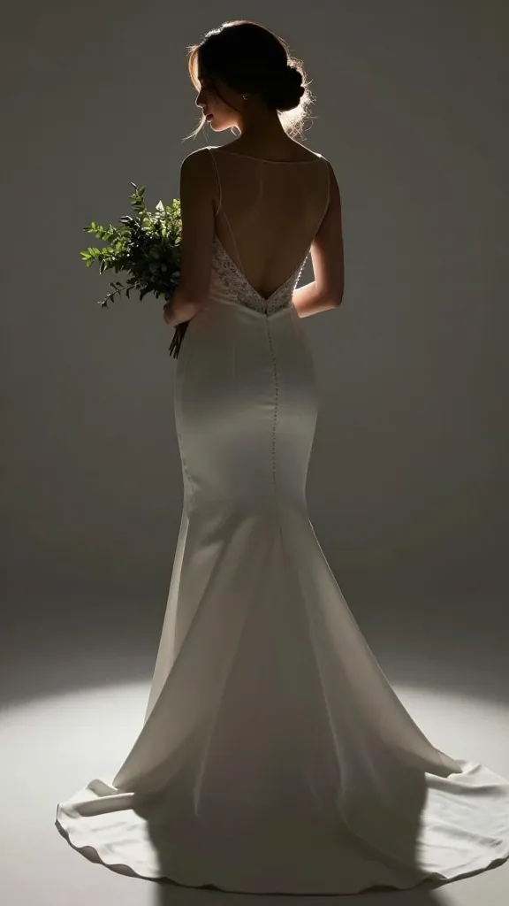Editorial portrait of the bride from behind, dress silhouette visible through a sheer back or modest train, hair up, simple bouquet of greenery, soft backlighting creating a glow around the dress.