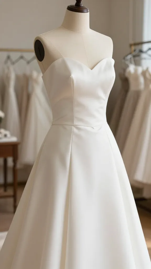 A classic A-line wedding dress displayed on a vintage dress form in a sunlit, softly blurred atelier, focusing on the waistline seam, delicate satin fabric, and timeless silhouette.