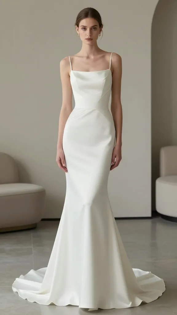 A sleek sheath wedding gown showcased on a tall model against a minimalist, modern venue backdrop with neutral tones, clean lines, and subtle jewelry to highlight effortless sophistication.