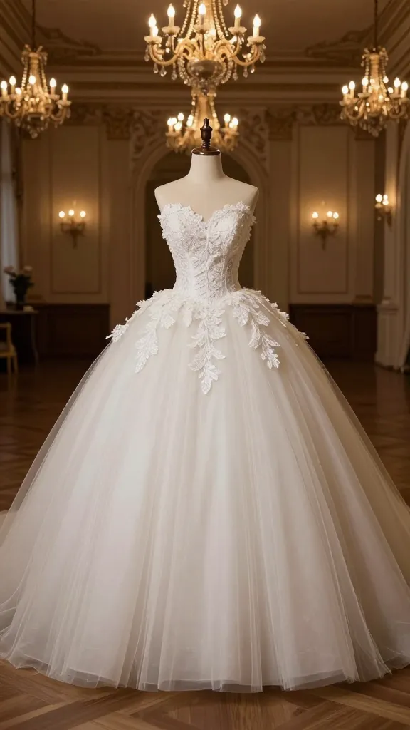 A dramatic ball gown in a grand ballroom setting, with frothy tulle skirt and a fitted bodice adorned with timeless lace appliqués, chandeliers overhead and a hint of candlelight.
